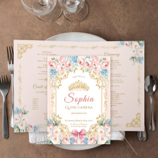 Classy Pink Bow Floral Quinceanera Program Card