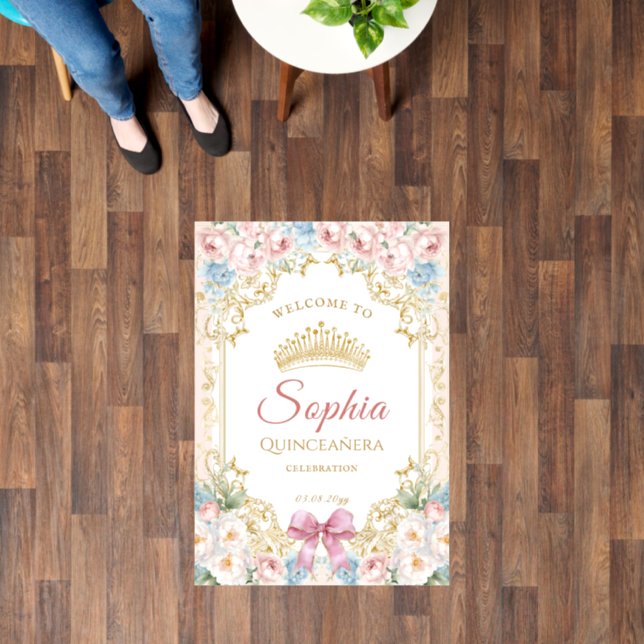 Classy Pink Bow Floral Quinceanera Welcome Floor Decals (Floor)
