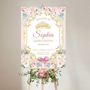 Classy Pink Bow Floral Quinceanera Welcome Foam Board