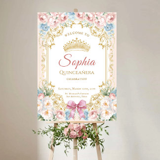 Classy Pink Bow Floral Quinceanera Welcome Foam Board