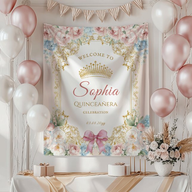 Classy Pink Bow Floral Quinceanera Welcome Tapestry (Classy Pink Blue Floral Quinceanera Welcome Tapestry)