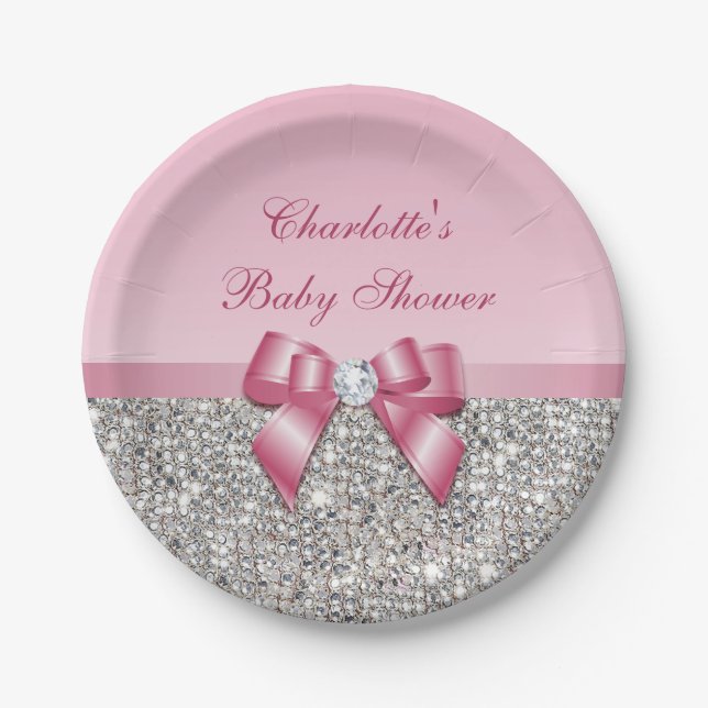 Classy Pink Bow Silver Sequins Baby Shower Paper Plates (Front)