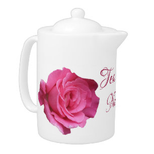 Classy pink English rose white floral boho tea pot