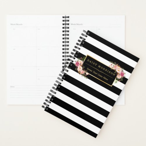 Classy Pink Floral Girly Gold Black White Stripes Planner