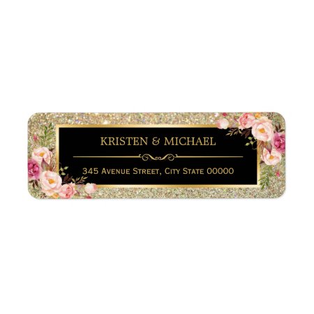 Classy Pink Floral Gold Glitter Sparkles Wedding Label