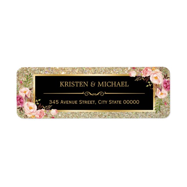 Classy Pink Floral Gold Glitter Sparkles Wedding Label (Front)