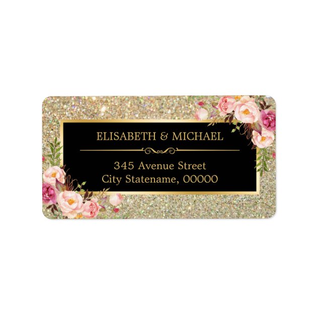 Classy Pink Floral Gold Glitter Sparkling Wedding Label