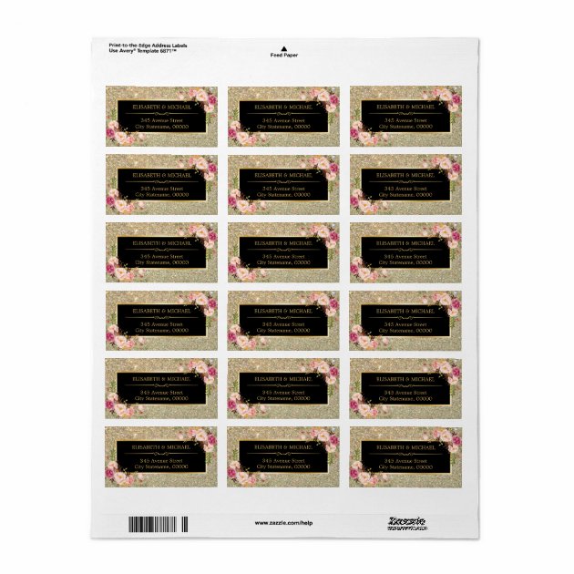 Classy Pink Floral Gold Glitter Sparkling Wedding Label