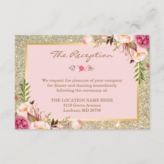 Classy Pink Floral Gold Glitter Wedding Reception Enclosure Card