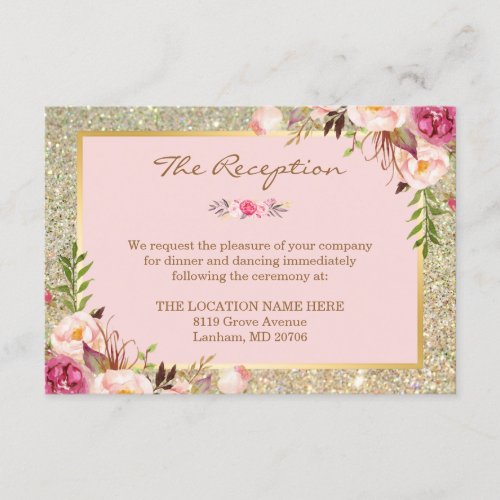 Classy Pink Floral Gold Glitter Wedding Reception Enclosure Card