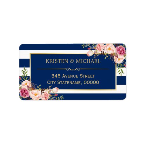 Classy Pink Floral Gold Navy Blue Stripes Label