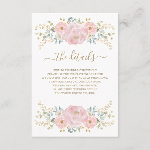 Classy Pink Gold Botanical Floral Wedding Details Enclosure Card