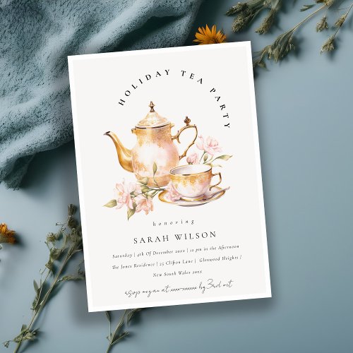 Classy Pink Gold Floral Tea Set Holiday Tea Party  Invitation