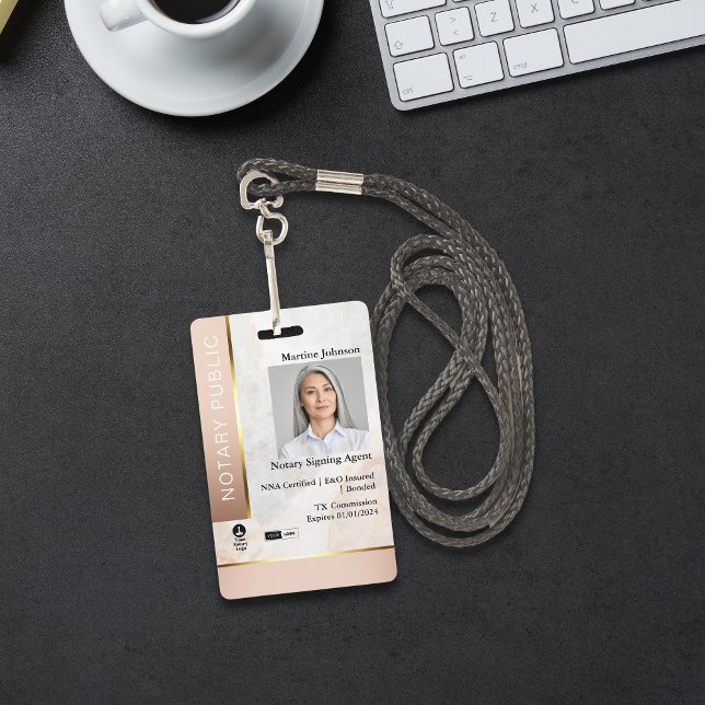 Classy Pink & Gold Marble Custom Notary ID Badge (Creator Uploaded)