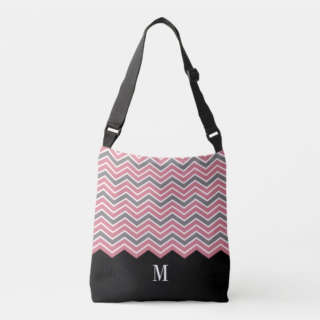Classy Pink Gray Chevron Monogram Crossbody Bag (Front)