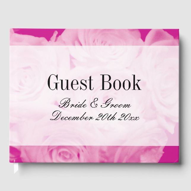 Classy pink rose flower bouquet wedding guest book (Front)