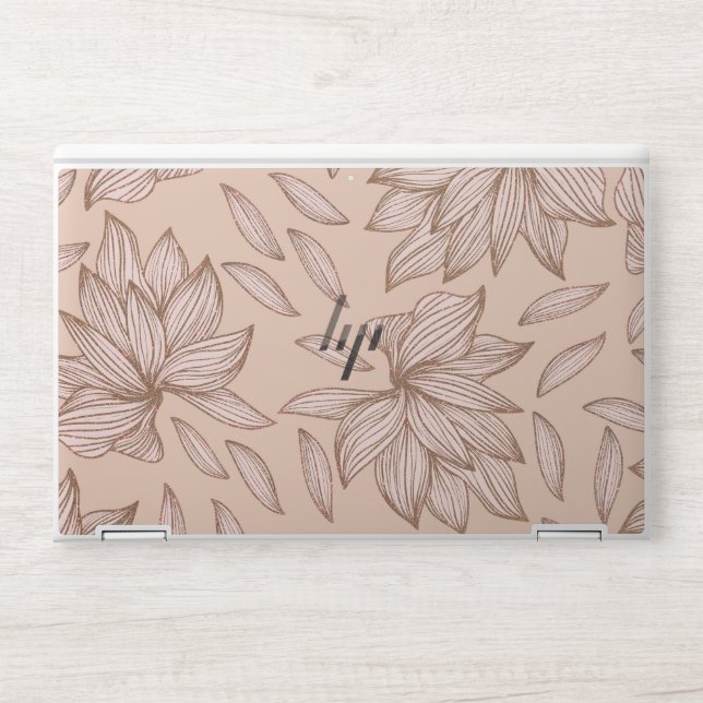 Classy Pink Rose Gold Glitter Floral Line Art HP Laptop Skin (Front)