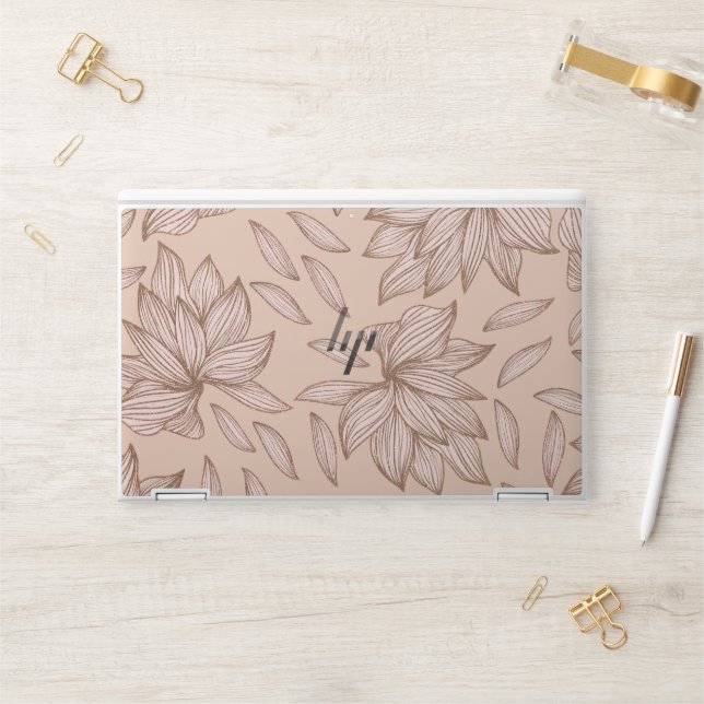 Classy Pink Rose Gold Glitter Floral Line Art HP Laptop Skin (Desk)