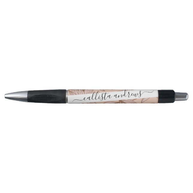Classy Pink Rose Gold Glitter Floral Line Art Pen (Front)