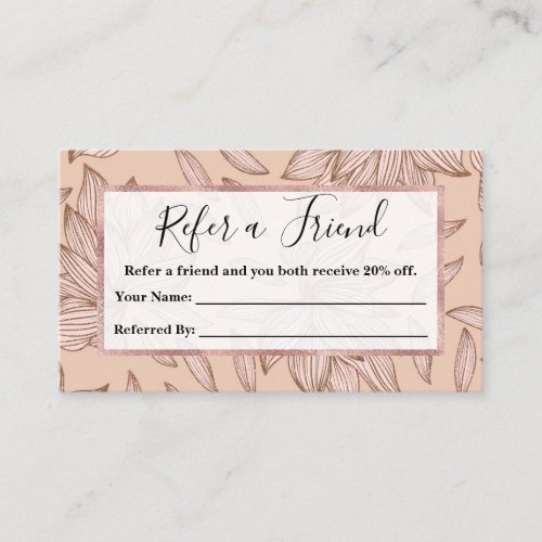 Classy Pink Rose Gold Glitter Floral Line Art Referral Card