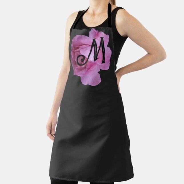 Classy pink rose monogram black cooking cute girly apron (Insitu)