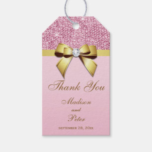 Classy Pink Sequins Gold Bow Thank You Gift Tags