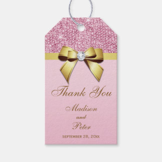 Classy Pink Sequins Gold Bow Thank You Gift Tags