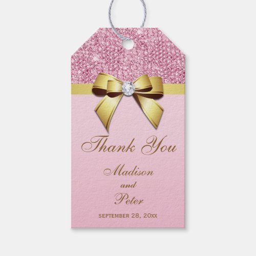 Classy Pink Sequins Gold Bow Thank You Gift Tags