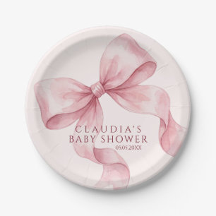 Classy Pink Watercolor Bow Baby Shower Paper Plates