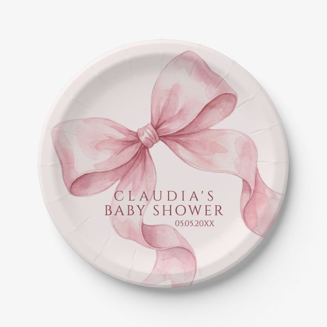 Classy Pink Watercolor Bow Baby Shower Paper Plates (Front)