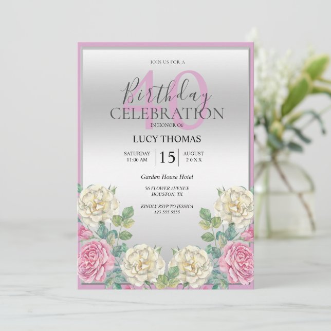 Classy Pink & White Flowers Decoration Birthday Invitation (Standing Front)