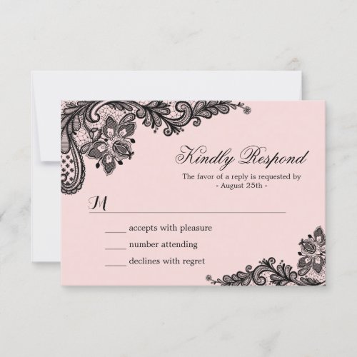 Classy Pink with Black Lace Wedding RSVP Card