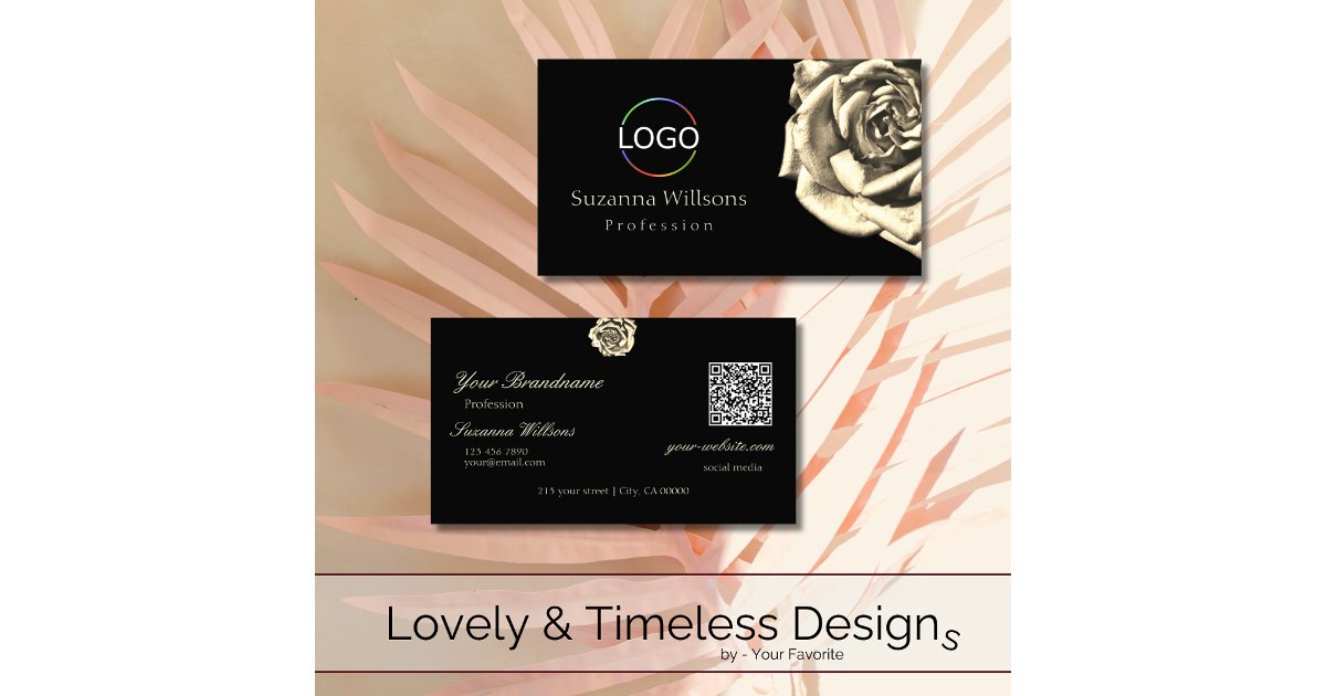 Classy Code Classy Plain Black Beige Rose Logo and QR Code Business Card | Zazzle