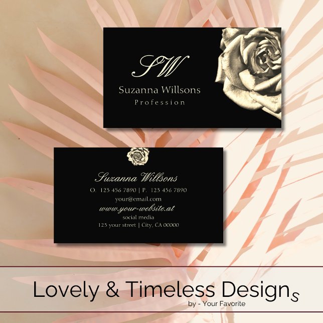 Classy Plain Black Beige Rose with Initials Business Card (Creator Uploaded)