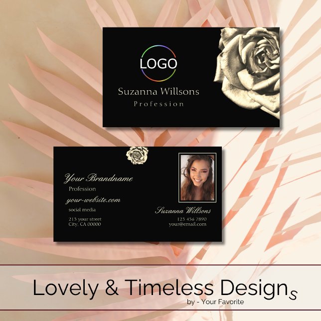Classy Plain Black Beige Rose with Logo and Photo Business Card (Creator Uploaded)