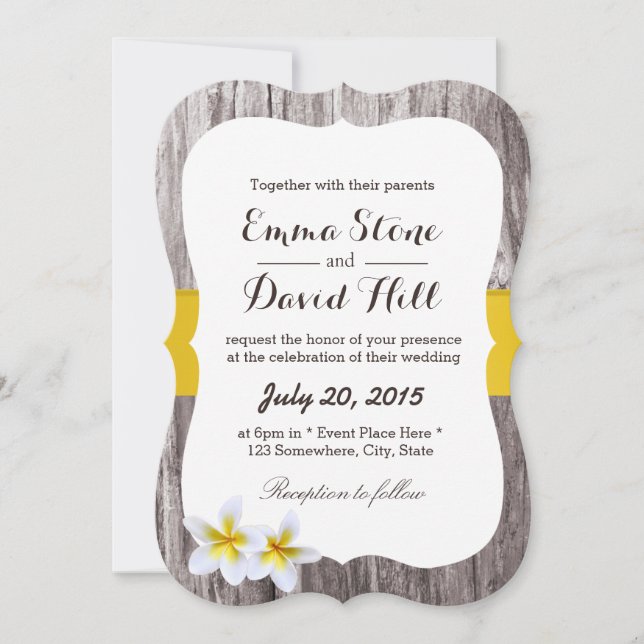 Classy Plumeria Flowers & Wood Beach Wedding Invitation (Front)