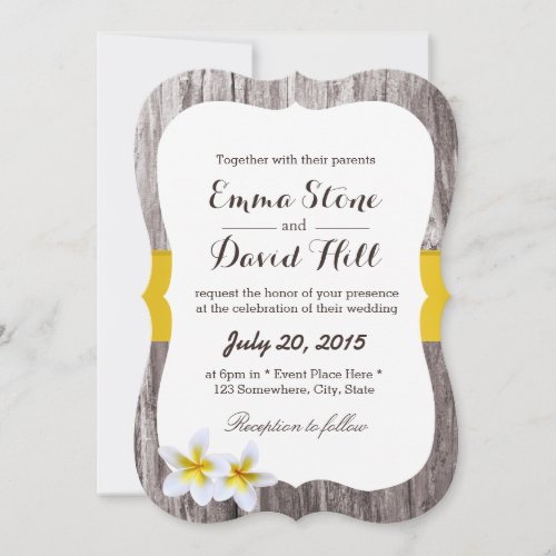 Classy Plumeria Flowers &amp; Wood Beach Wedding 5x7 Paper Invitation Card