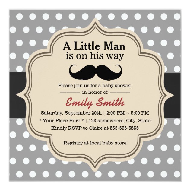 Classy Polka Dots Mustache Little Man Baby Shower Invitation