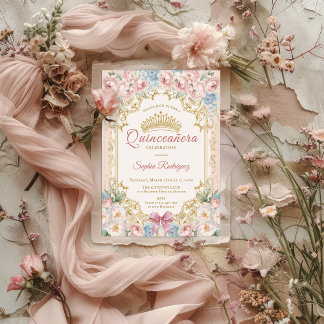 Classy Princess Pink Blue Floral Quinceanera Announcement
