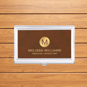 Classy Professional Faux Brown Leather & Gold  Business Card Case