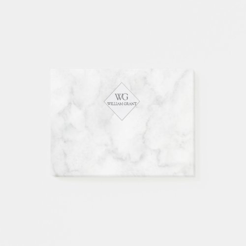 Classy Promotional White Marble Monogram Post_it Notes