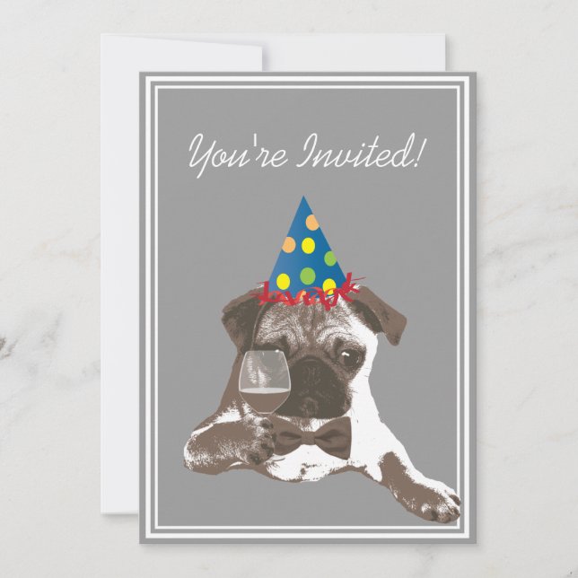 Classy Pug & WIne Birthday Party Invitation (Front)