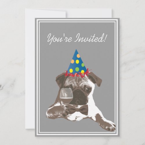 Classy Pug &amp; WIne Birthday Party Invitation