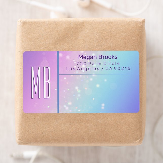 Classy Purple & Blue Bokeh Star Monogram Address Label (Insitu)
