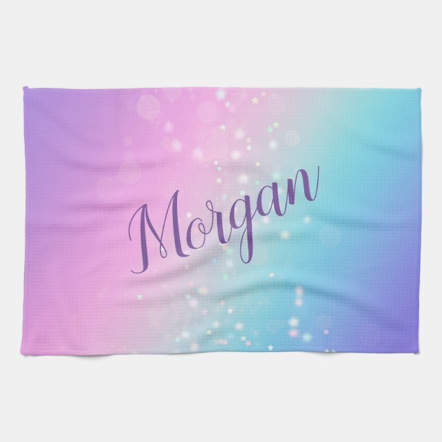 Classy Purple & Blue Bokeh Star, Name or Monogram  Kitchen Towel (Horizontal)