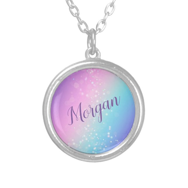 Classy Purple & Blue Bokeh Star, Name or Monogram  Silver Plated Necklace (Front)