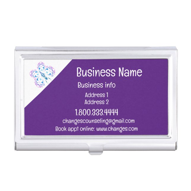Classy Purple Butterfly Changes Counseling Service Business Card Case (Front)
