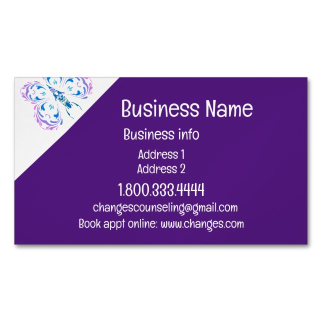 Classy Purple Butterfly Changes Counseling Service Business Card Magnet (Front)
