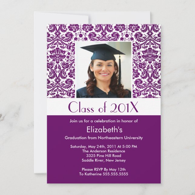 Classy Purple Damask Graduation Invitation Photo (Front)