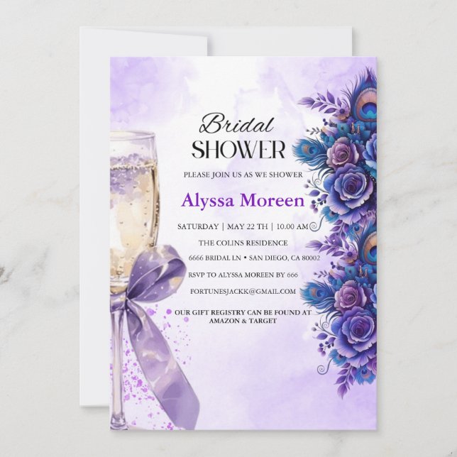 Classy Purple Floral and Ribbon Bridal Shower Invitation (Front)